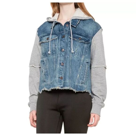 We the Free by Free People Denim Button Sweatshirt Sleeve Hooded Oversized Sz XS - Picture 1 of 9